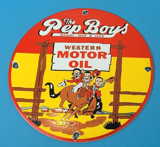 Vintage Pep Boys' Porcelain Gas Motor Oil Service Station Pump Plate Sign