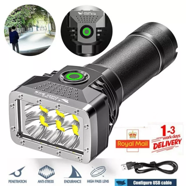 100000LM LED Flashlight Super Bright Torch USB Rechargeable Lamp High Powered UK
