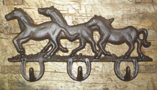 Cast Iron RUNNING HORSES Towel Coat Hooks Hat Hook Key Rack COWBOY Rustic Ranch