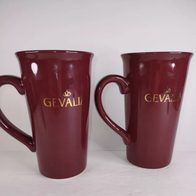 Gevalia Coffee Tall 16 oz Burgundy Red Mugs Set 2 of  Gold Letters Ceramic