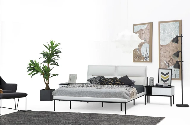 Ensemble Chambre à Coucher Lit Double Lit Nachttische Blanc Set 3tlg Moderne
