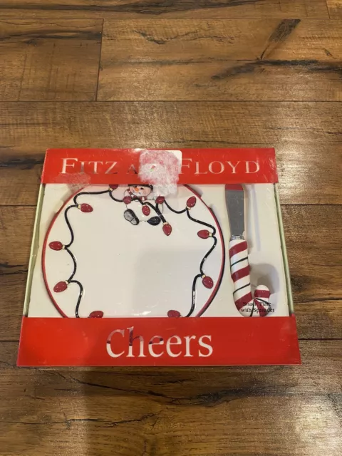 Fitz and Floyd Christmas Cheers Snack Plate Spreader Set Snowman Xmas Lights New