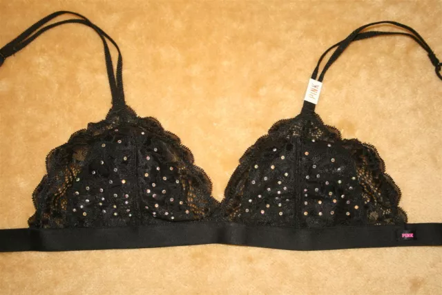 Black Lace Victoria's Secret Triangle With Floral Lace Cups & Jewels - S