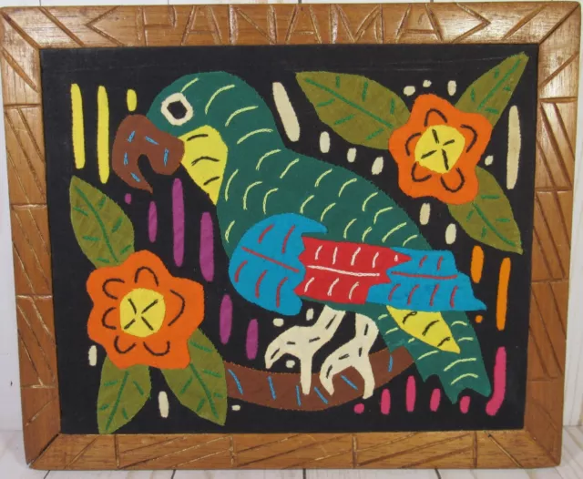 Parrot Mola Textile Art Stitchery Panama Carved Wood Frame 10.25" x 8.75"