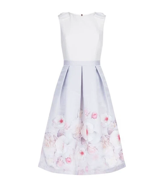 TED BAKER GILITH Chelsea Print Bow Detail Midi Dress White Grey Size 1 UK 8 74.99 PicClick UK
