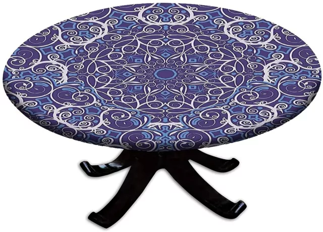 Bohemian Elastic Table Cover Navy Blue Kaleidoscope Flower Round Tablecloth