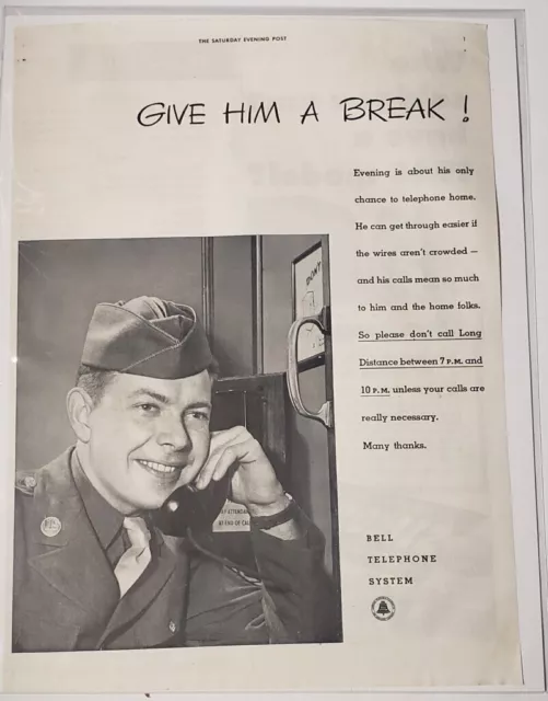 1943 Bell Telephone System Solider Calling Full Page Print Saturday Evening Post