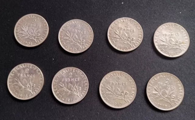 ~LOT DE 8 pièces-  2 Francs Semeuse 1901-1910-1912-1914-1915-1916-1917-1918