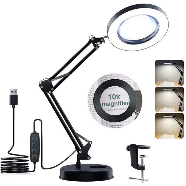 10X Magnifying Glass Desk Light Magnifier LED Lamp Reading Lamp With Base& Clamp