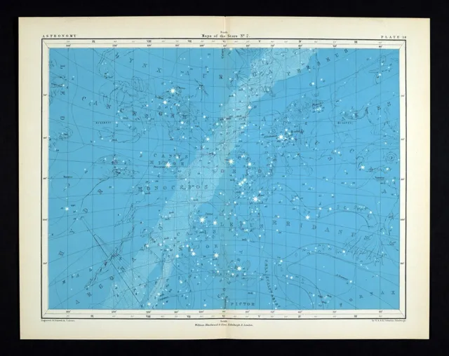 1855 Johnston Astronomy Star Map #2 North Sky Milky Way Gemini Orion Canis Major