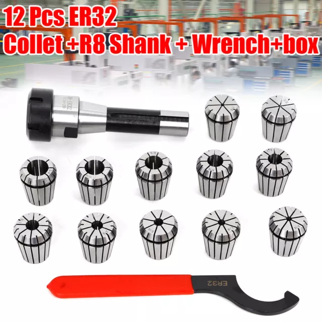 R8 Shank with 12PC ER32 Collet Set ER32 Chuck w/ Spanner+Box For Mill Machine