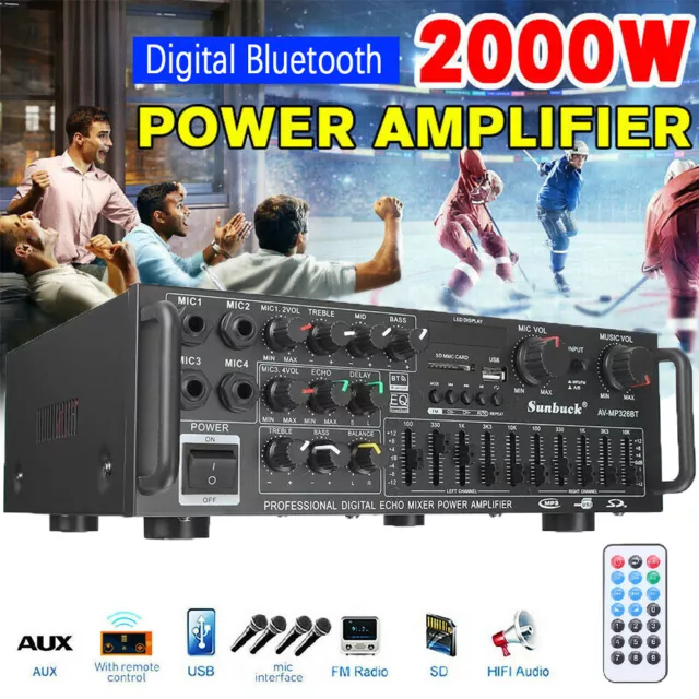 2000W Digital Power Amplifier Bluetooth Stereo HiFi Audio 2CH USB SD FM Car Home