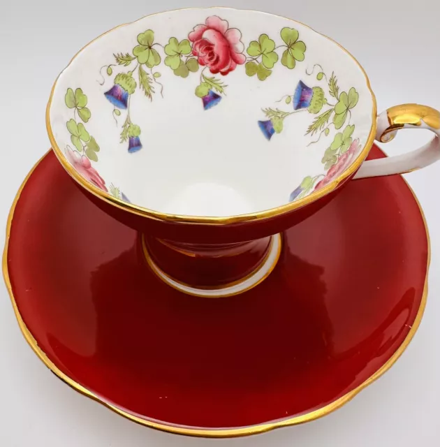 Aynsley Red Burgundy Corset Cup & Saucer Rose Thistle Clover Vintage Teacup