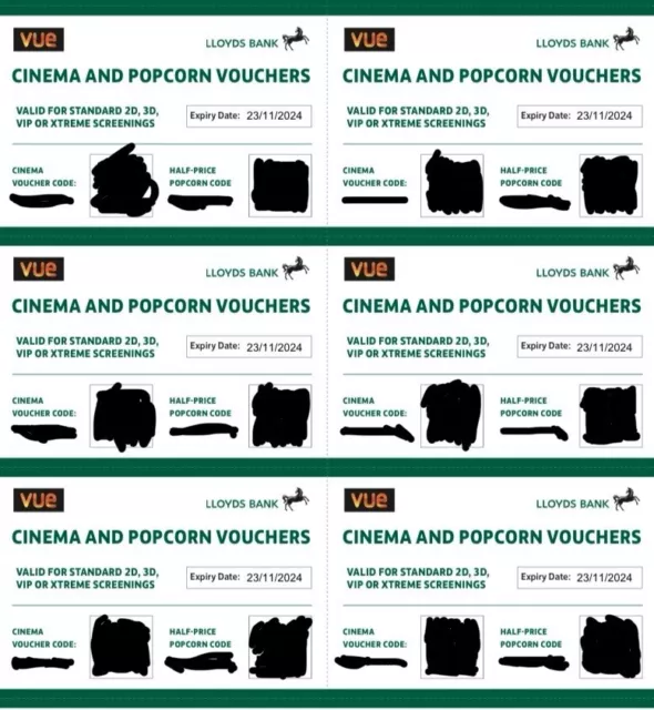 6 x Vue Cinema Tickets and Half Price popcorn valid until 23/11/2024