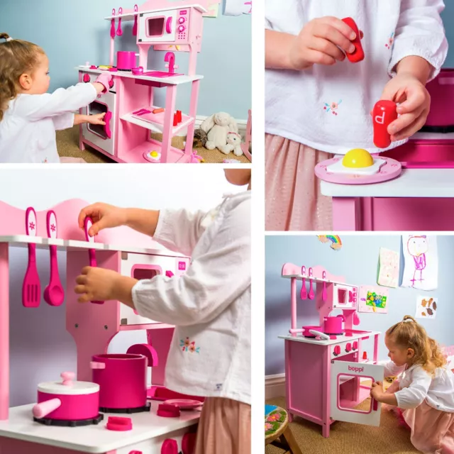 Juguete de madera rosa para niños cocina de juego con accesorios de 20 piezas fingir 3