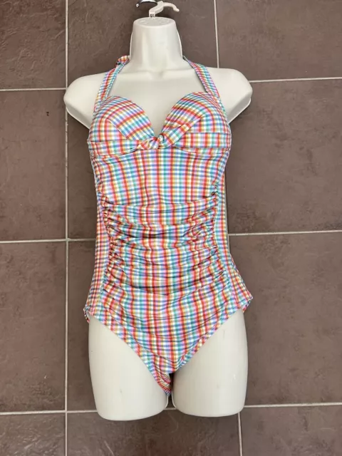 JOULES Jasmine Swimsuit Size 10 Navy Gingham Padded Ruched Halterneck NEW OL81