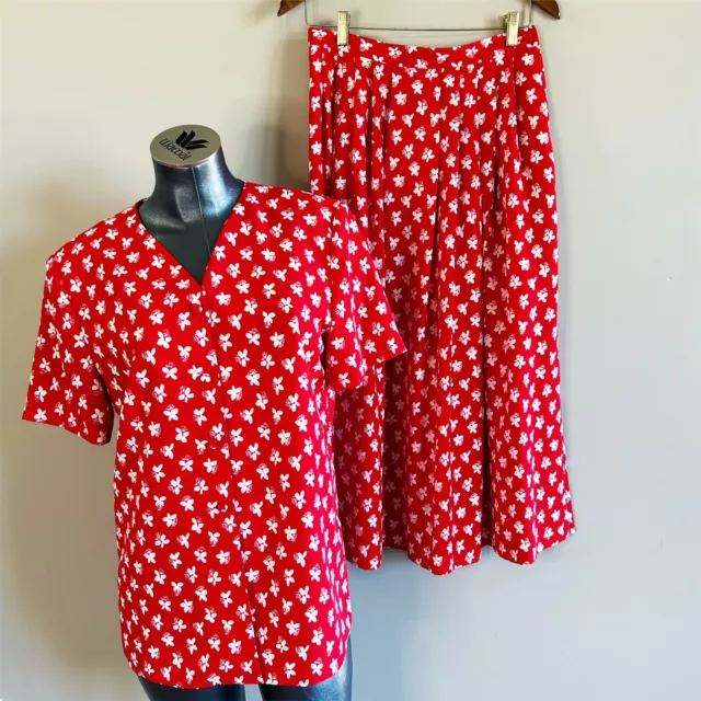 Vintage Red Floral Skirt Pleats Pockets Top Set Size 10 White Flowers Buttons