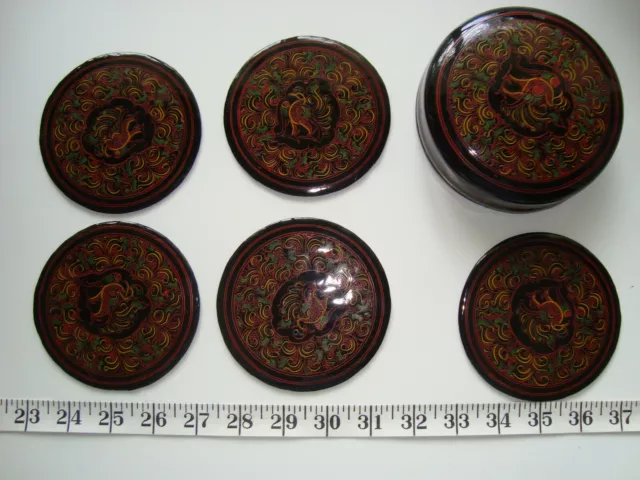 Vintage Burmese Lacquer Coasters in Container Set of 5 from Burma Myamar