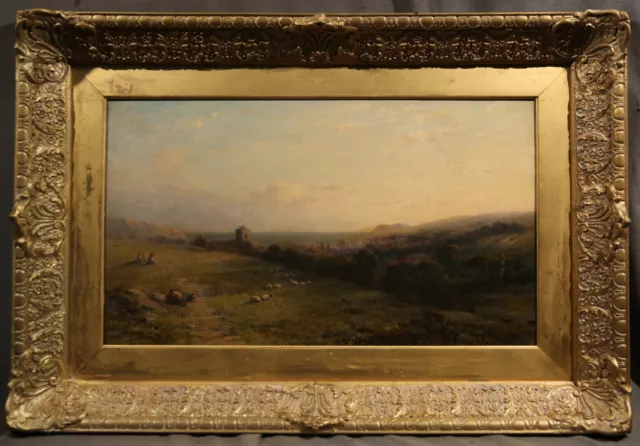 19th Century Magnificent British Landscape with Sheaperds viewing a Far Town