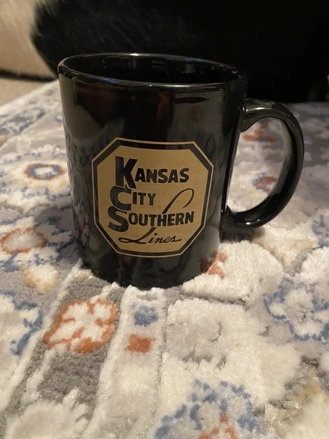Vtg Kansas City Southern Lines Train Coffee Mug Railroad Two Sided Gold Black