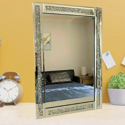 New Large Crushed Jewel Loose Diamante Bevelled Mirror 60X40cm Home Decor