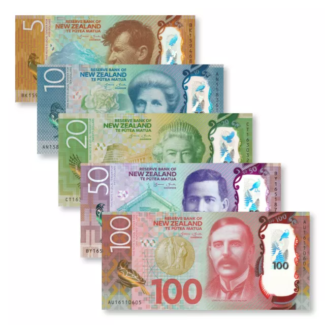 New Zealand Full Set: 5–100 Dollars, 2015–2016, B137–B141, P191–P195, UNC