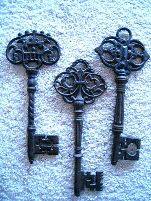 3 Large Cast Iron Keys Wall Decor Home Decor Ornate Metal Keys 12"