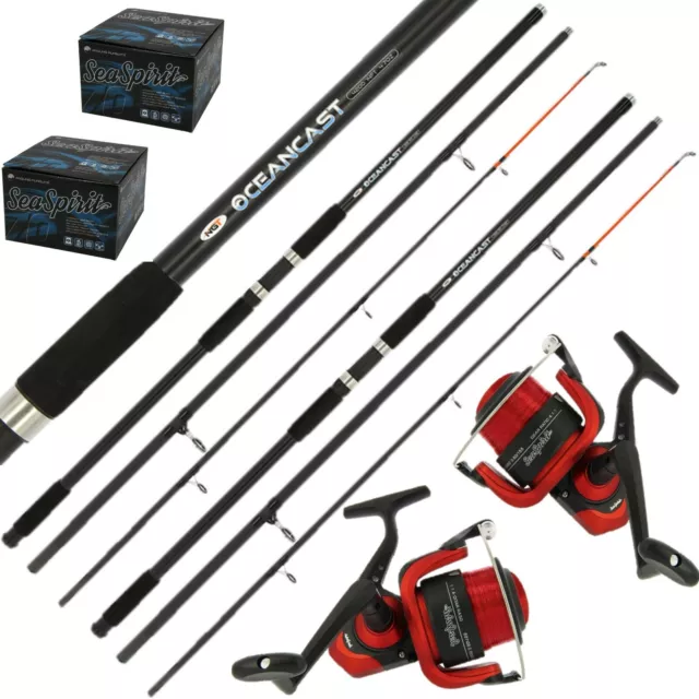 2 x 14FT OCEANCAST 3pc SEA FISHING RODS + 2 SEA SPIRIT 70 RED SEA BEACH REELS