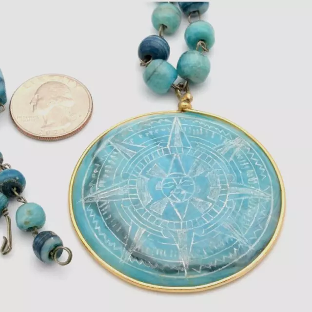 Aztec Sun Necklace Aventurine Pendant Beads Blue Stones Vintage T121