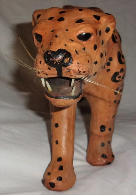 Estate Leather ? wrapped Cheetah Figure 14" Figurine w/ button glass looking ? &