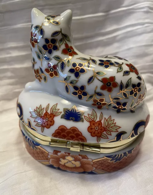 Vintage Andrea by Sadek Imari Style Cat Porcelain Trinket Box Hinged Lid Floral 3