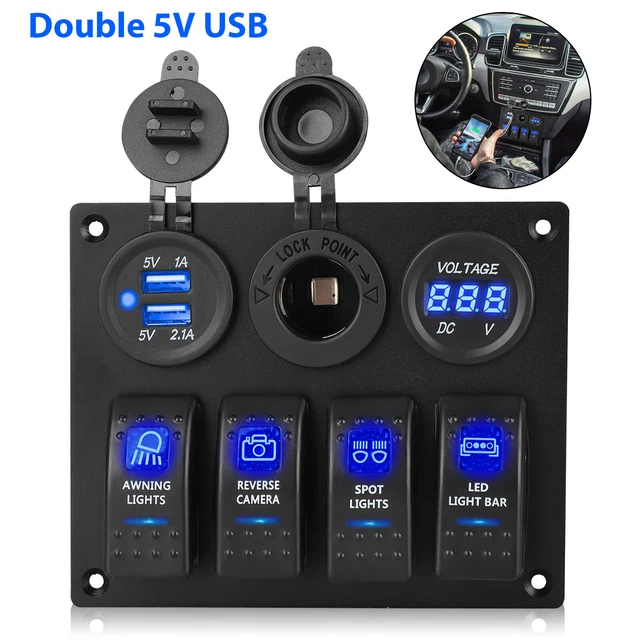 4 GANG BLUE LED Rocker Switch Panel Circuit Breaker Waterproof Car