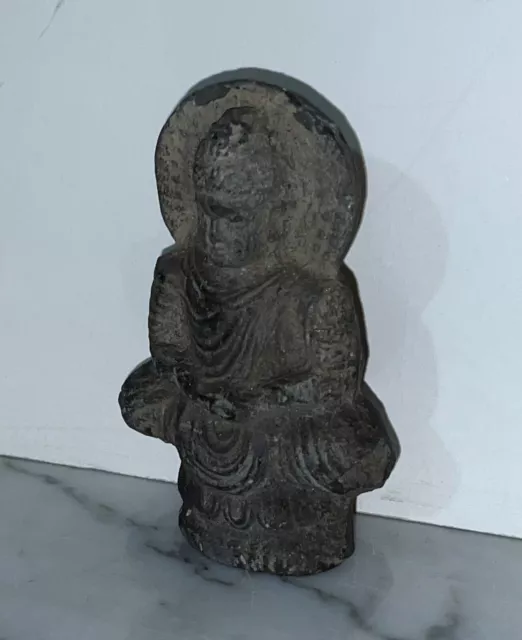 Antique Gandhara Style Gray Schist Stone Sculpture Of A Seated Buddha Figure