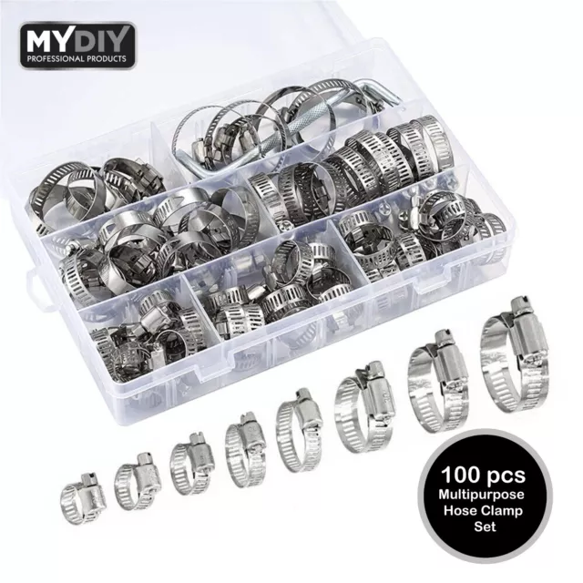 Hose Clamp x 100 Pcs Set DIY Clips Garden Hosepipe Steel Driver Kit