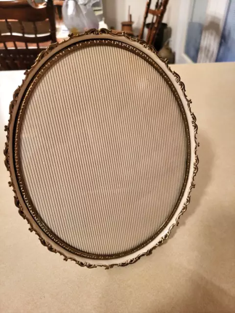 Vintage Brass And White Enamel Oval Shape Stand Up Picture Frame W/Bowed Glass