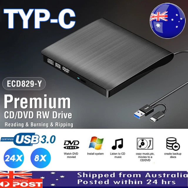 USB 3.0 CD/DVD Drive RW Type C Burner Player For PC Windows 11 Laptop Rewriter