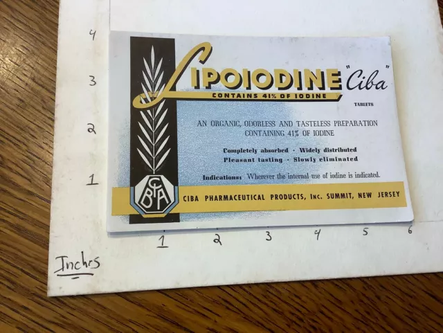 Original DRUG Blotter: LIPOIODINE "CIBA" 41% IODINE summit NJ