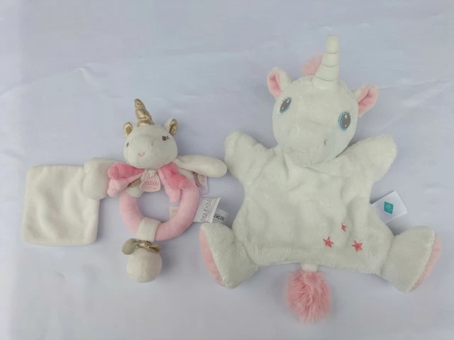 ⭐⭐⭐ Duo : Doudou Marionnette Tex Baby Licorne Blanche Rose Etoile + hochet
