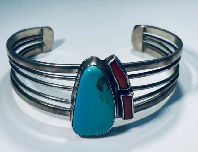 Native American Marty Monte Turquoise and Coral Cuff Bracelet