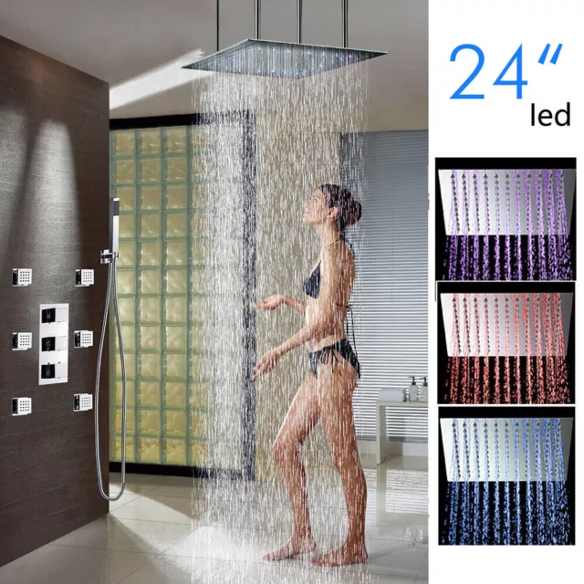 24" Bathroom Thermostatic Shower LED Rain Shower Head Body Massage Spray Jet Set