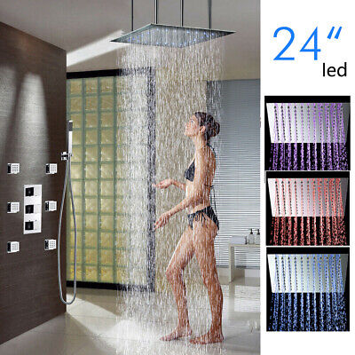 24 Inch Bathroom Thermostatic Shower LED Rain Shower Head Body Massage Spray Jet