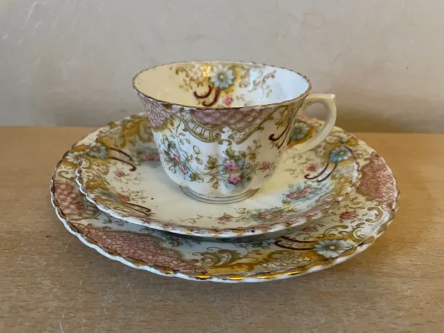 Royal Albert Antique Crown China Tea Cup Plates Trio Set C1905 Fluted Edges