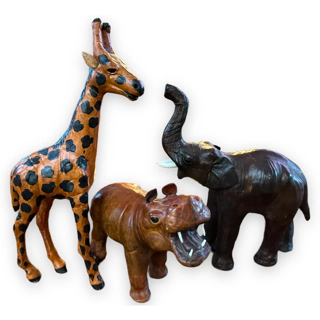 3 Vintage Safari Leather Wrapped Animals Elephant Hippo Giraffe Open Mouth Trunk