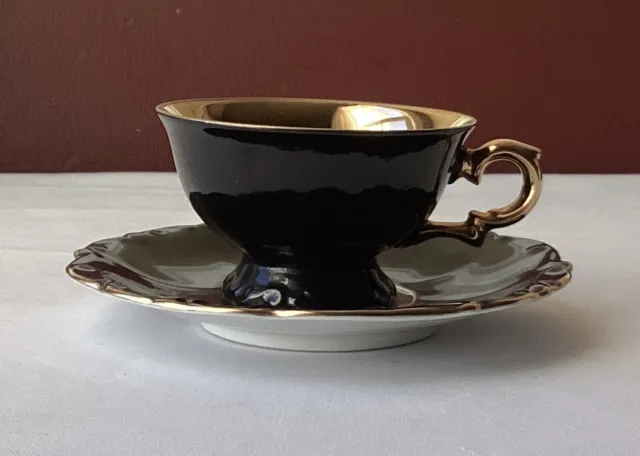 VTG Bareuther Bavaria Germany Porcelain Teacup & Saucer Black and Gold Tone