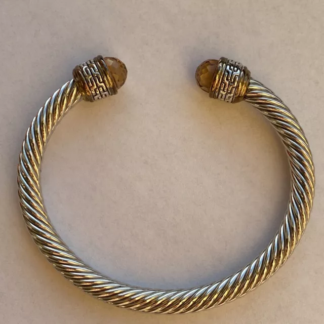 Classic Cable Style Brown Crystal Silver And Gold Tone Cuff Bracelet