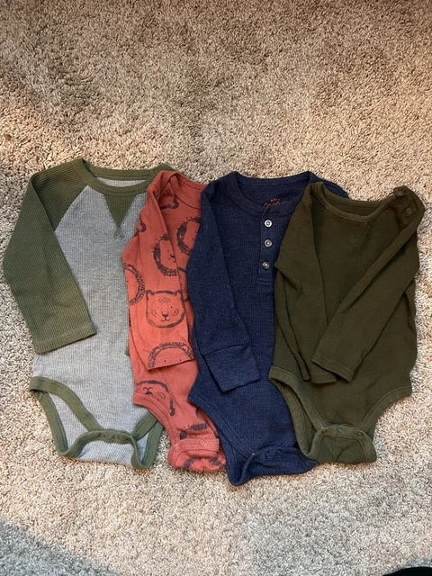 Lot 4 Baby Boys Long Sleeve Waffle Bodysuits Cat & Jack Old Navy Carters 12-18M