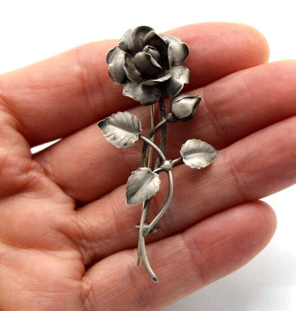 Ancienne Broche Rose sur Tige en Argent Massif 800 Guilloché XIXè