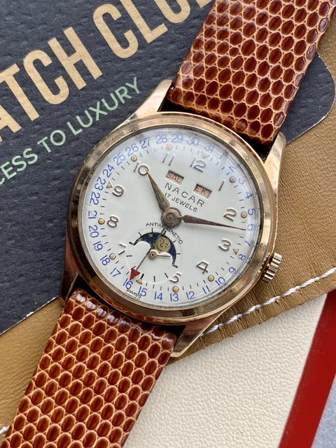 Nacar triple day date month moonphase 1950s gold plated midsize 32mm 