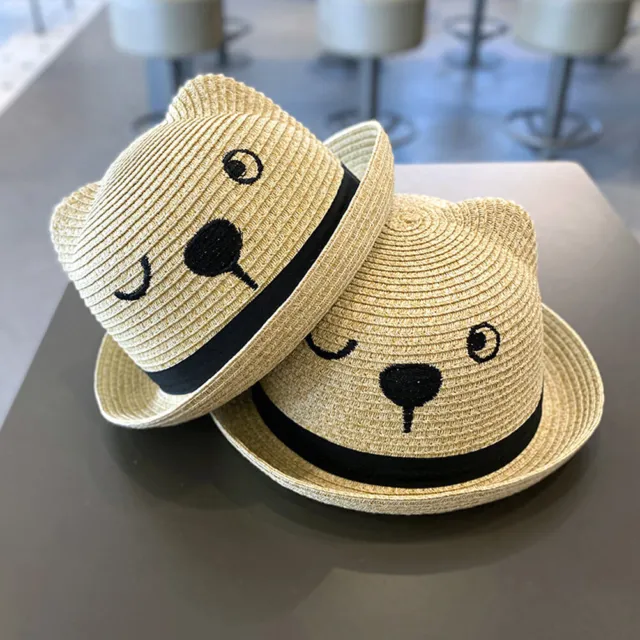 Cappello estivo di paglia neonato bambini ragazzi ragazze orso cartone animato fedora berretto solare vacanze