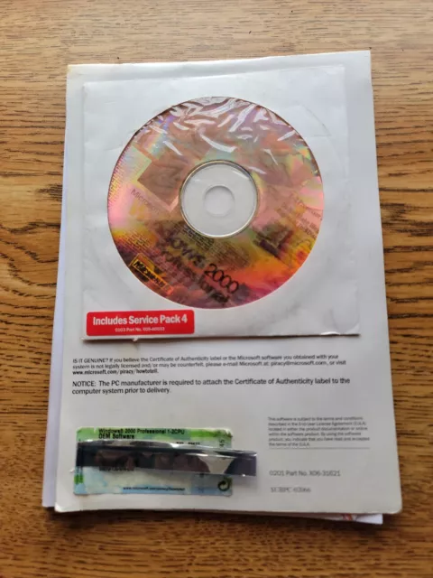 MICROSOFT WINDOWS 2000 PROFESSIONAL w/SP4 FULL OPERATING SYSTEM MS WIN PRO